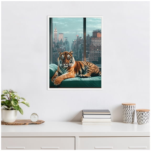Kate and Laurel Graceful Tiger in New York Framed Canvas Wall Art by Michael Schauer 18 x 24 Sylvie White, Industrial Urban, Animals, Cityscapes Art for Wall Decor, Living Room, Bedroom