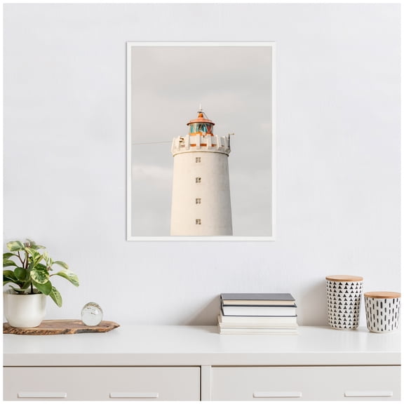 Kate and Laurel Grotta Lighthouse Iceland Framed Canvas Wall Art by Crystal Lynn Collins 18 x 24 Sylvie White, Coastal, Beach, Architecture Art for Wall Decor, Living Room, Bedroom