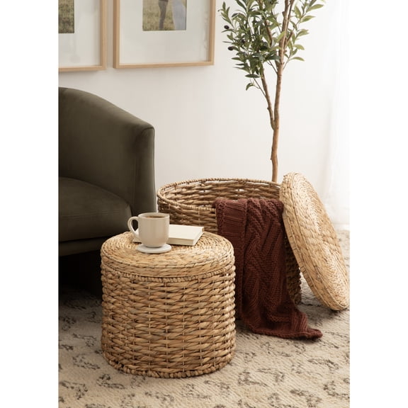 Kate and Laurel Halm Modern Woven Rattan Round Storage Side Tables, Set of 2, 20 x 17 and 16 x 14, Natural Rattan, Lift-Top End Tables for Use as Hidden Storage Baskets or Small Ottoman Tables