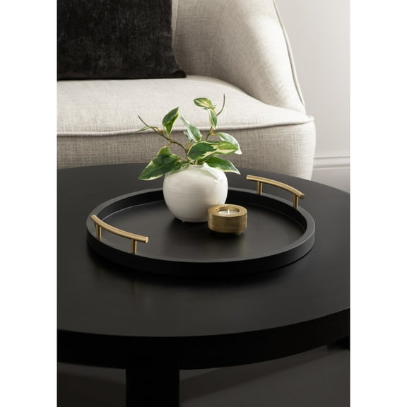 Kate and Laurel Halsey Decorative Wooden Round Tray with Polished Metal Handles, 16 Inch Diameter, Black and Gold, Modern Glam Wood Circle Serving Tray for Use as Ottoman or Coffee Table Decor