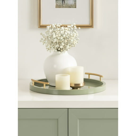 Kate and Laurel Halsey Decorative Wooden Round Tray with Polished Metal Handles, 16 Inch Diameter, Sage Green and Gold, Modern Glam Circle Serving Tray for Use as Ottoman Topper or Coffee Table Accent