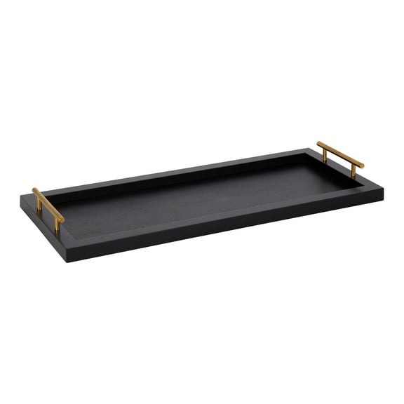 Kate and Laurel Halsey Narrow Rectangle Decorative Wooden Tray with Polished Metal Handles, 24 x 10, Black and Gold, Modern Glam Wood Rectangular Serving Tray for Display or Decoration