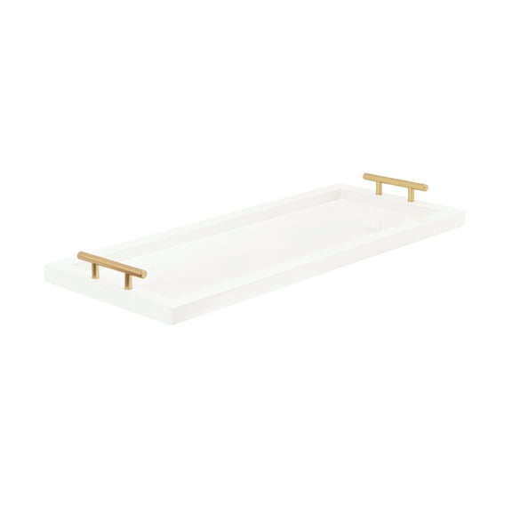 Kate and Laurel Halsey Rectangle Decorative Narrow Tray with Gold Metal Handles, 24 x 10, White and Gold, Modern Glam Slim Serving Tray with Handles for Living Room Decor
