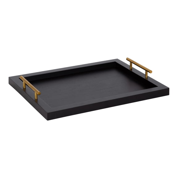 Kate and Laurel Halsey Rectangle Decorative Wooden Tray with Polished Metal Handles, 17 x 13, Black and Gold, Modern Glam Wood Rectangular Serving Tray for Display or Decoration