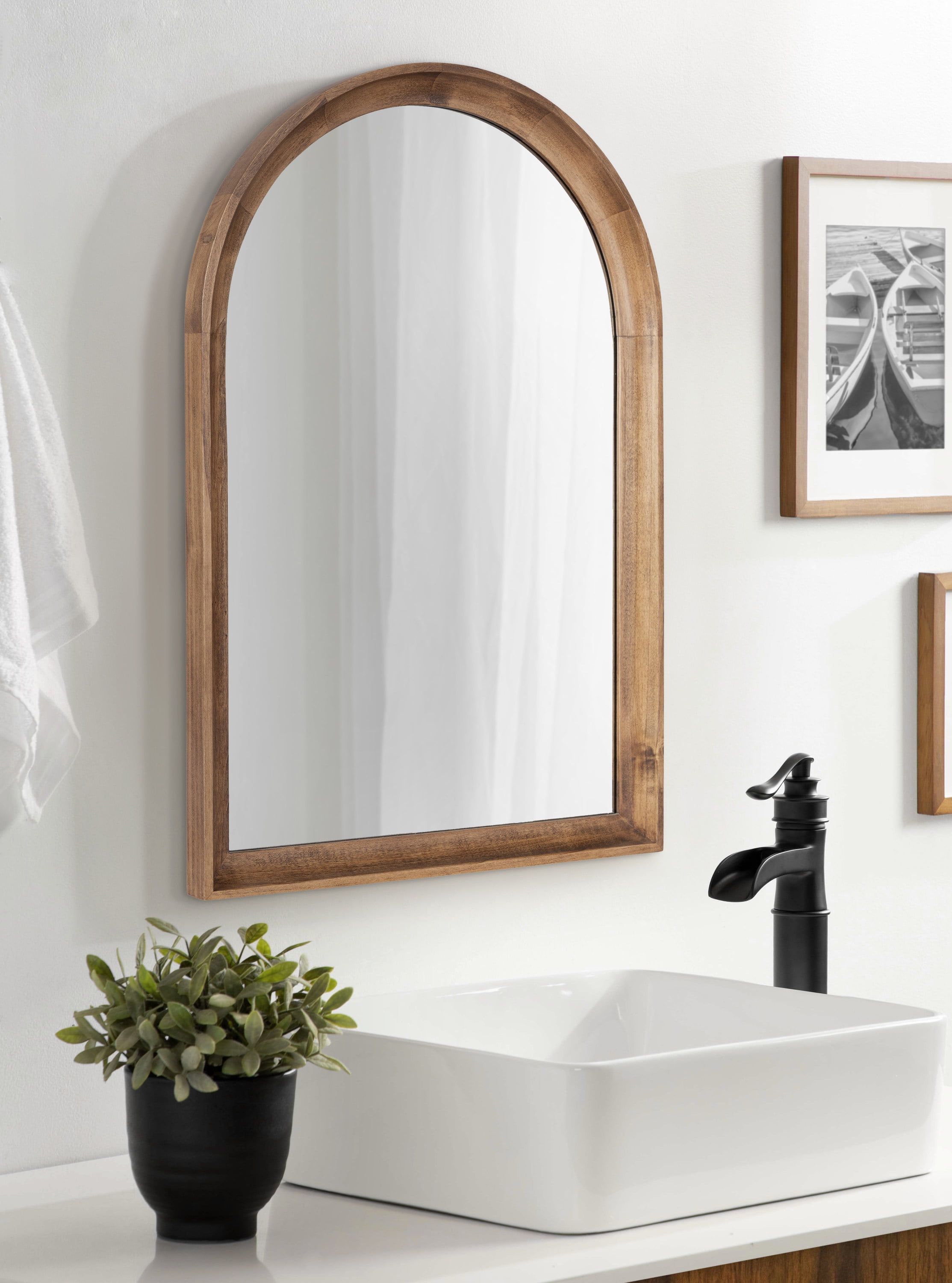 Rustic Brown Arched Wood Wall Mirror for Bathroom Vanity