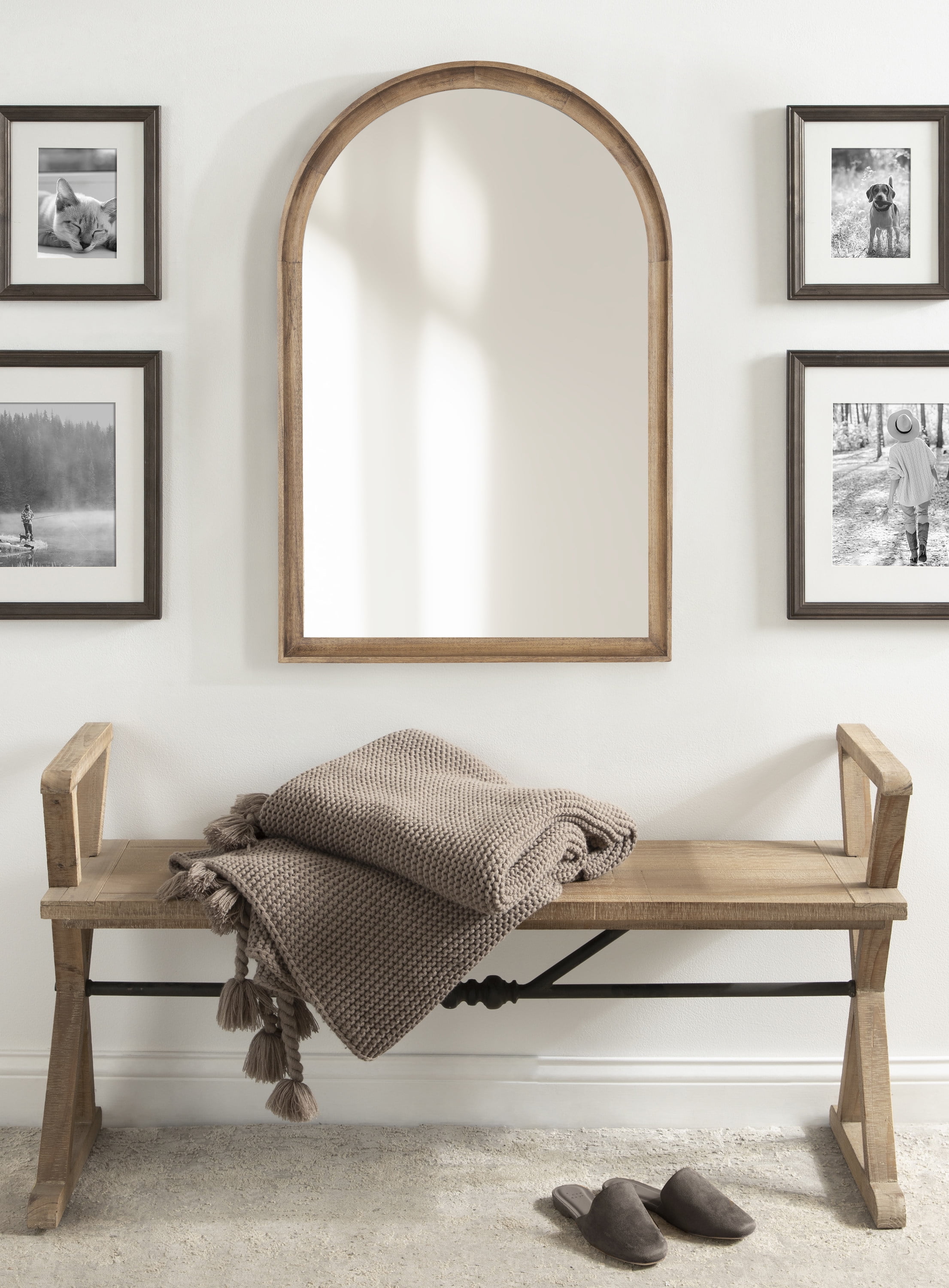 Rustic Brown Arched Wood Wall Mirror for Bathroom Vanity