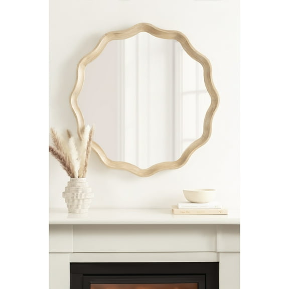 Kate and Laurel Hatherleigh Transitional Round Wooden Wall Mirror, 28 Inch Diameter, Light Natural, Bohemian Scalloped Wavy Wood Circle Wall Accent for Use as Bathroom Mirror for Over Sink