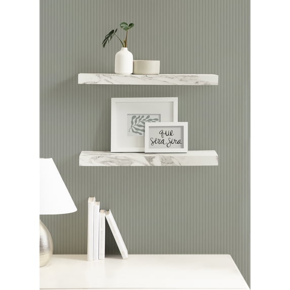 Kate and Laurel Havlock Modern Faux Marble Floating Shelves, Set of 2, 22 x 6, White, Transitional Functional Bathroom and Kitchen Shelves for Dorm Storage or Apartment Decor