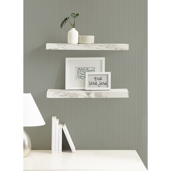 Kate and Laurel Havlock Modern Faux Marble Floating Shelves, Set of 2, 22 x 6, White, Transitional Functional Bathroom and Kitchen Shelves for Dorm Storage or Apartment Decor