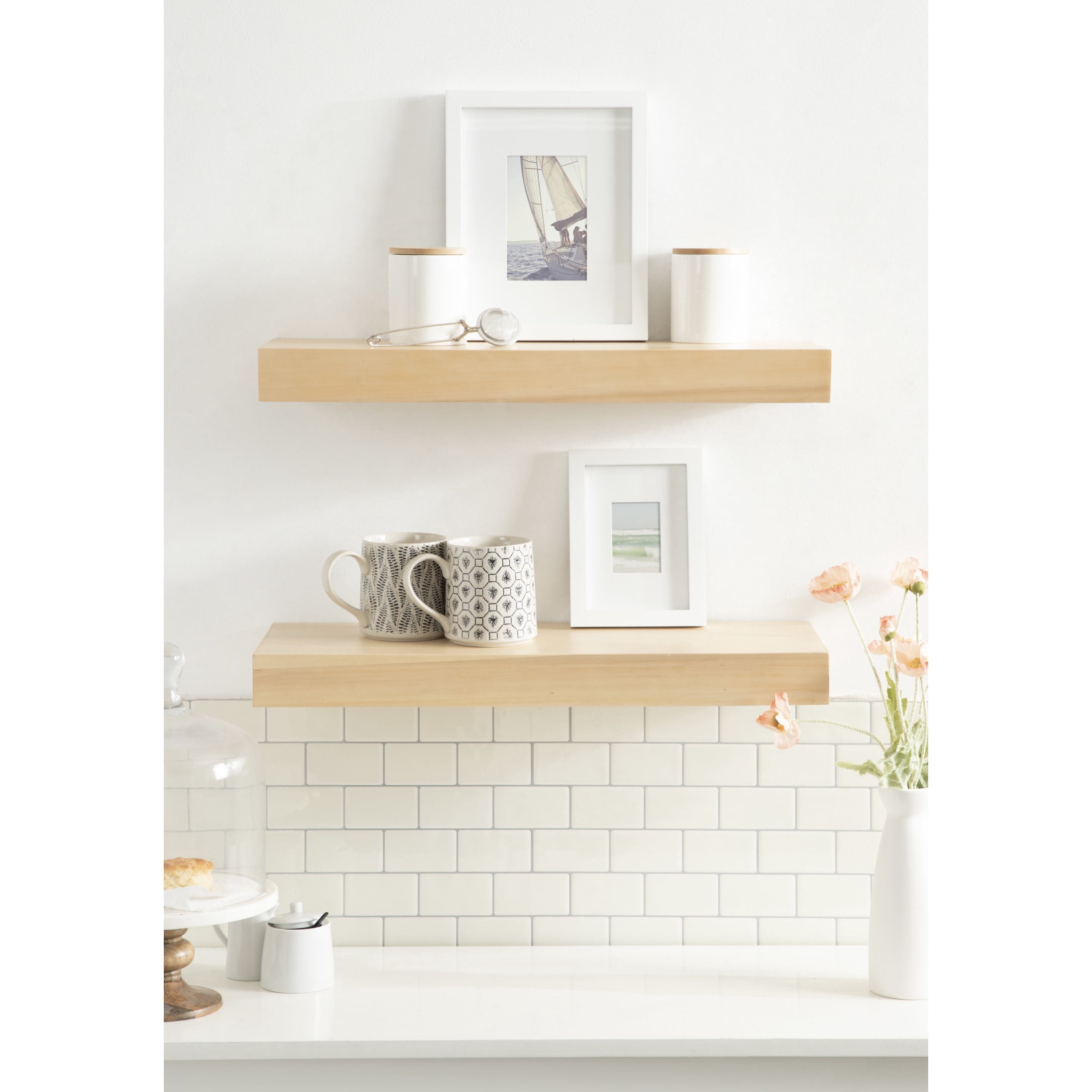 Kate and Laurel Havlock Modern Natural Floating Shelves, Set of 2, 24 x 8, Natural Wood, Mid-Century Functional Bathroom and Kitchen Shelves for Dorm Storage or Apartment Decor
