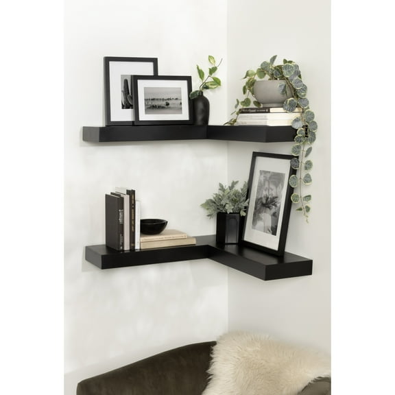 Kate and Laurel Havlock Modern Wood Two-Piece Floating Corner Shelf Set, 26 x 8 x 3, Black, Wooden Corner Kitchen Shelving with Unique Geometric Shape for Living Room Decor or Entryway Storage