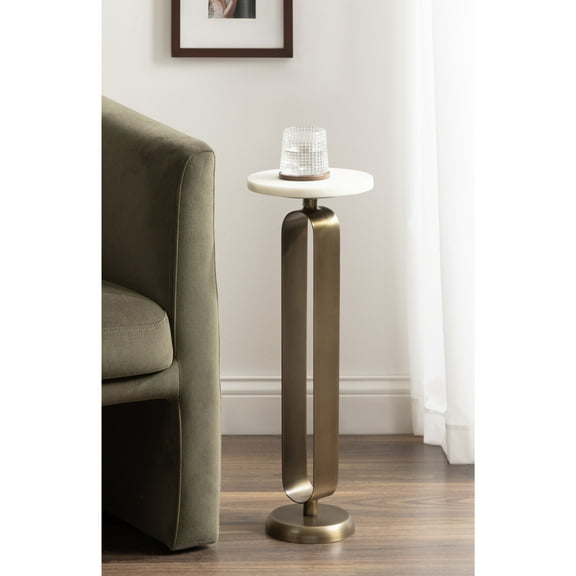 Kate and Laurel Helio Modern Round Marble Drink Table, 8 x 8 x 24, White and Antique Brass, Natural Marble Martini Table for Use as Small Plant Stand or Mini Nightstand
