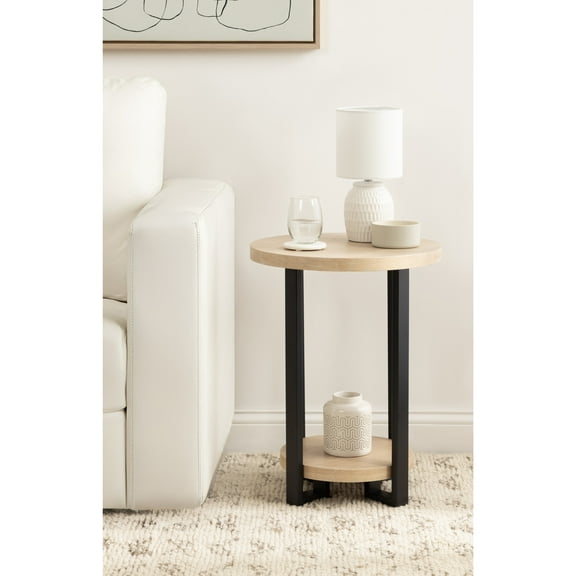 Kate and Laurel Hendricks Modern Geometric Round Wood Side Table, 19 x 19 x 25, Light Natural and Black, Decorative Circular Living Room End Table with Storage for Useful Home Decor