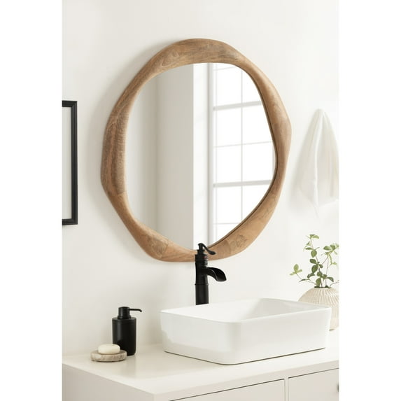 Kate and Laurel Hera Modern Mango Wood Irregular Round Mirror, 26 Inch Diameter, Natural Wood, Decorative Wavy Circle Bathroom Mirror with Solid Wood Design for Vanity Decor or Entryway Decor