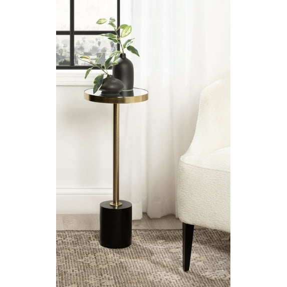 Kate and Laurel Hescott Modern Mirrored Drink Table, 10 x 10 x 24, Black and Gold, Glam Round Pedestal Table for Use as Plant Stand Indoors or Living Room Accent Table