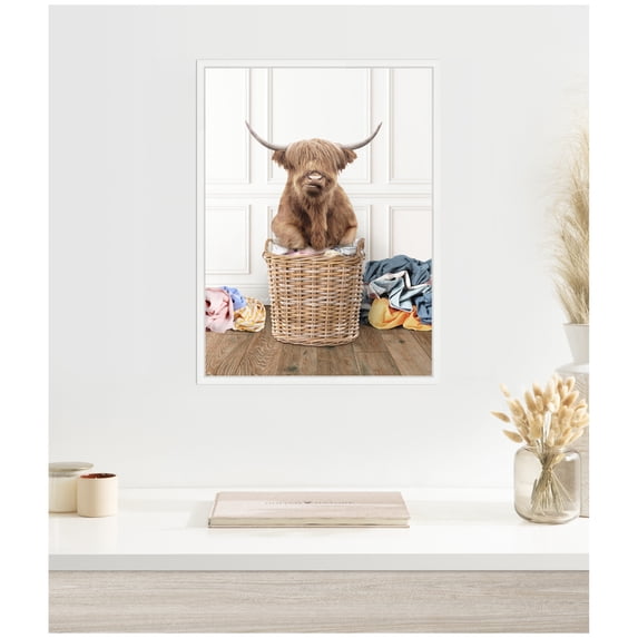 Kate and Laurel Highland Cow Traditional Laundry Framed Canvas Wall Art by Amy Peterson 18 x 24 Sylvie White, Farmhouse, Animals, Humor Art for Wall Decor, Living Room, Bedroom