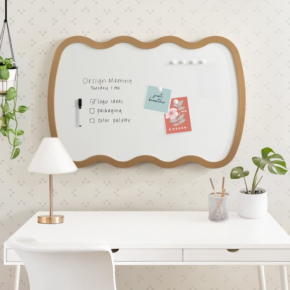 Kate and Laurel Holbrook Wavy Magnetic Dry Erase Board with Marker and Four Magnets, 24 x 36, Gold, Decorative Wall Organization White Board for Use as Apartment or Dorm Room Decor