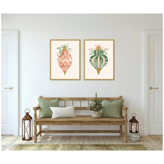 Kate and Laurel Holiday Ornament Collection - 2 Piece Framed Canvas Wall Art Set  by Jill Labieniec, Sylvie Bright Gold Vintage, Holiday Art for Wall Decor