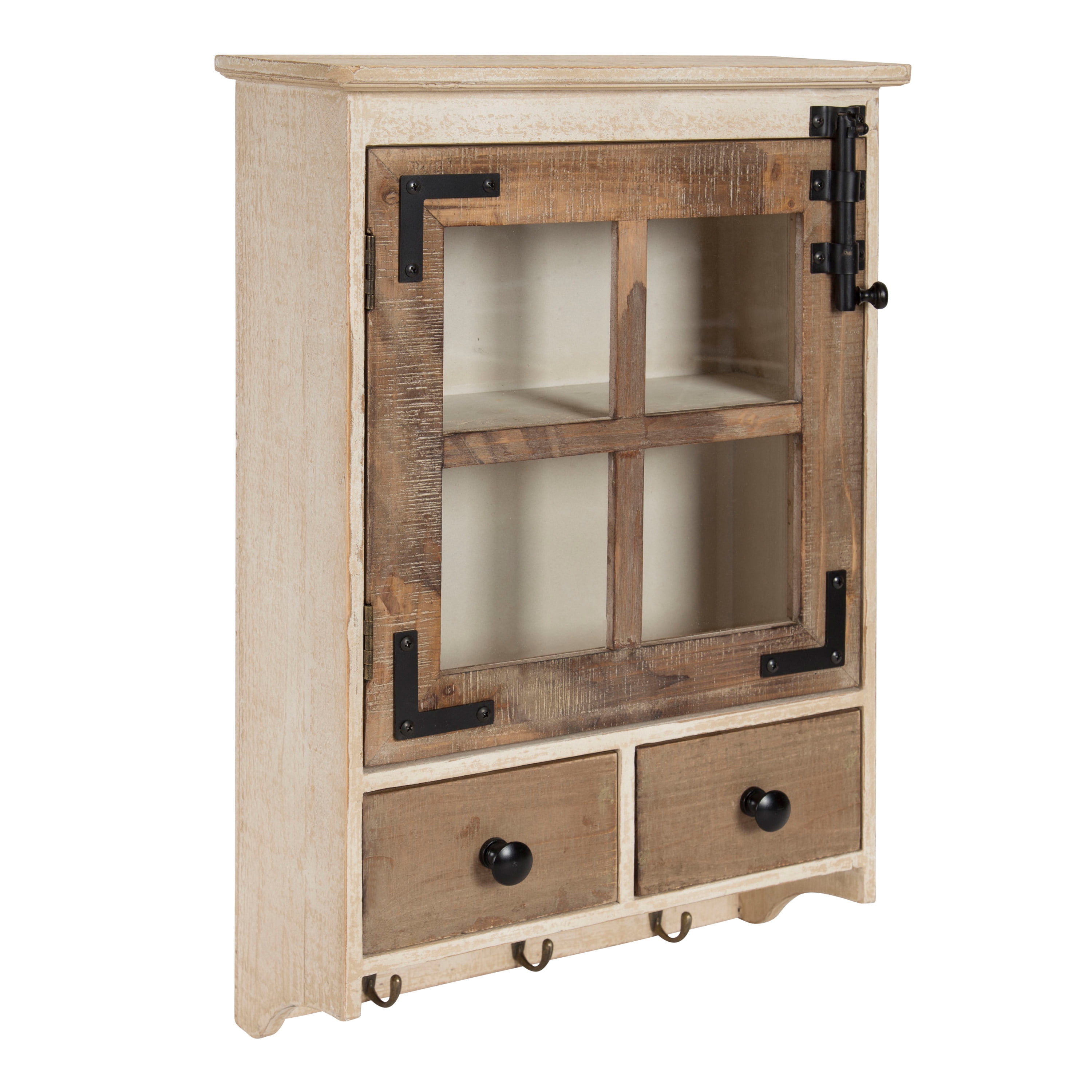 Rustic Brown and White Wood Wall Cabinet with Glass Windowpane Door