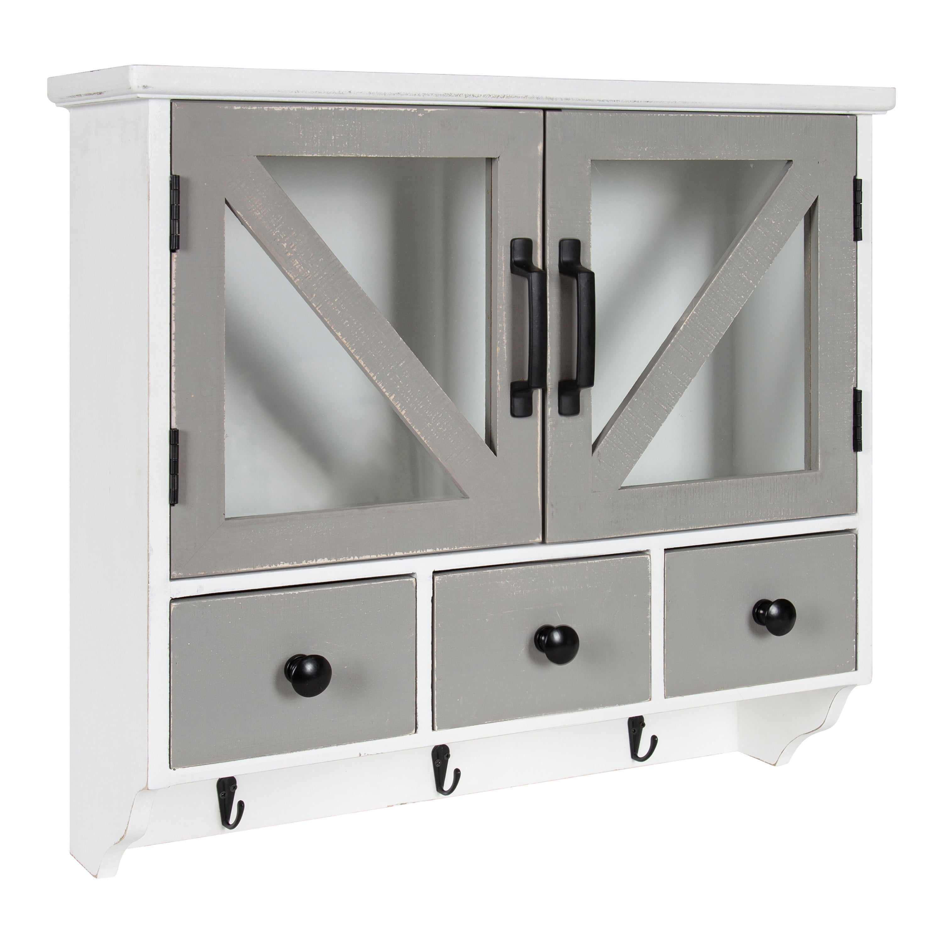 White and Gray Wood Wall Cabinet with Glass Doors and Drawers