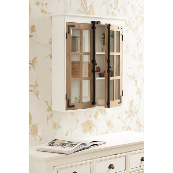 Kate and Laurel Hutchins Farmhouse Tall Wooden Wall Cabinet, 24 x 7 x 28, Rustic Brown and White, Vintage Cabinet with Glass Doors for Use as a Pantry Cabinet or an Over-the-Toilet Storage Cabinet