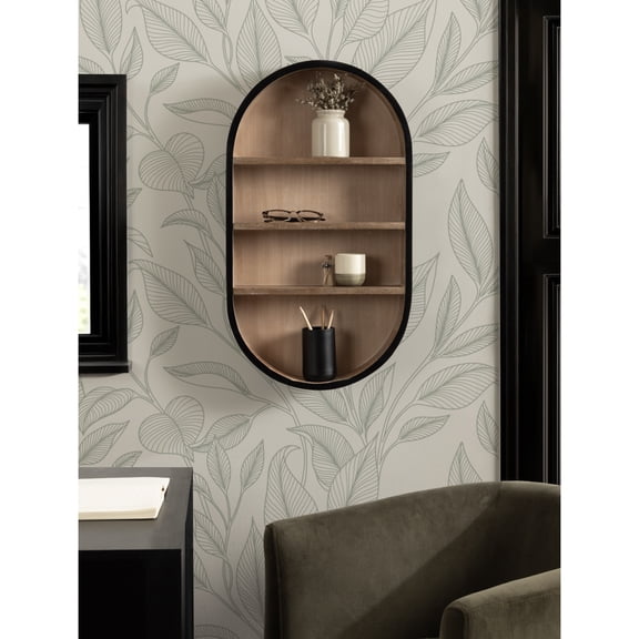 Kate and Laurel Hutton Modern Capsule Wall Shelf, 16 x 28, Light Natural and Black, Minimal Round Oval Wall Shelves for Above Toilet Bathroom Storage or Cute Nursery Shelving