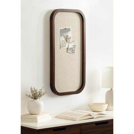 Kate and Laurel Hutton Transitional Wall Pinboard, 12 x 24, Dark Walnut, Modern Rounded Rectangle Wall Organizer for Use as Cork Board, Vision Board, or Bulletin Board