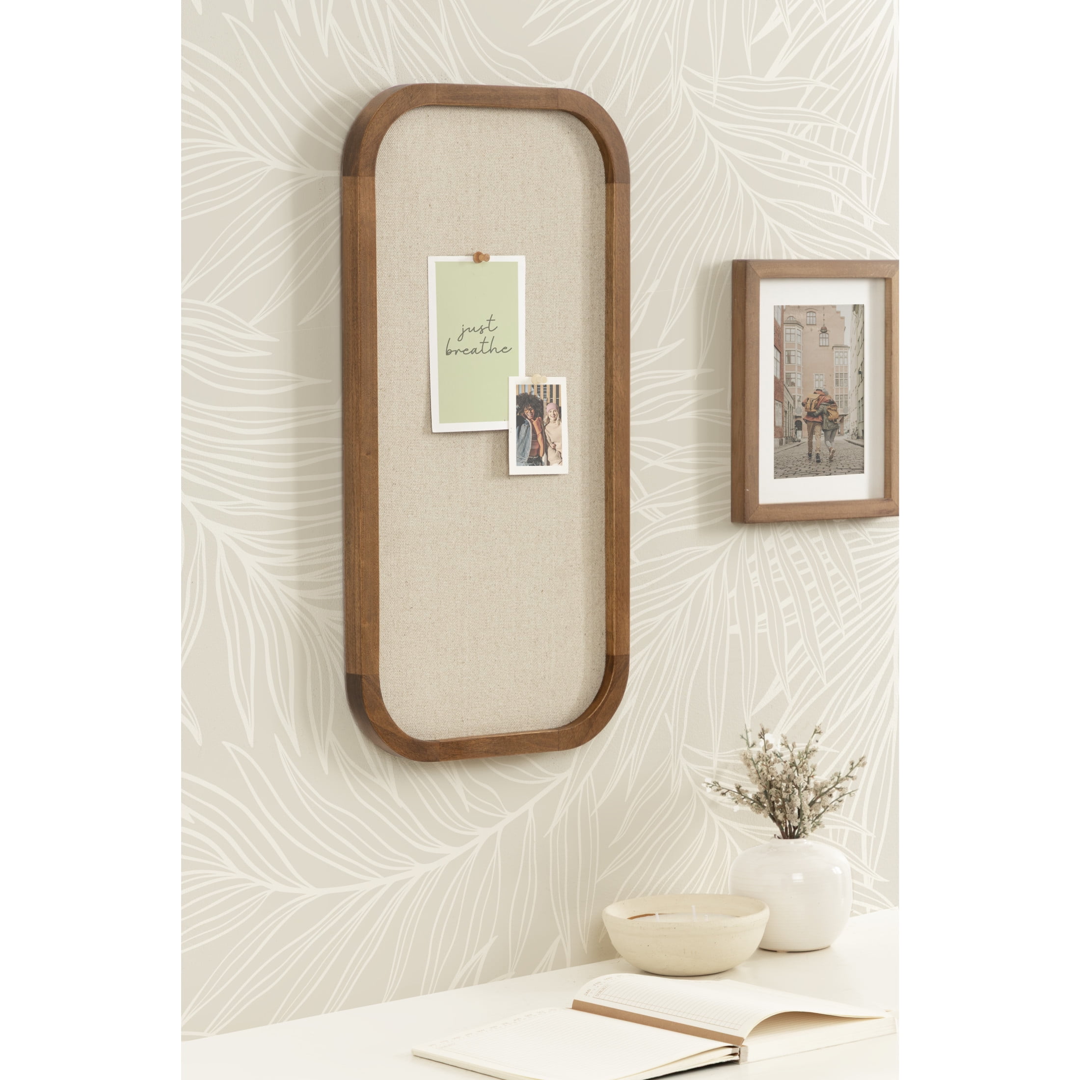 Kate and Laurel Hutton Transitional Wall Pinboard, 12 x 24, Natural Rustic, Modern Rounded Rectangle Wall Organizer for Use as Cork Board, Vision Board, or Bulletin Board