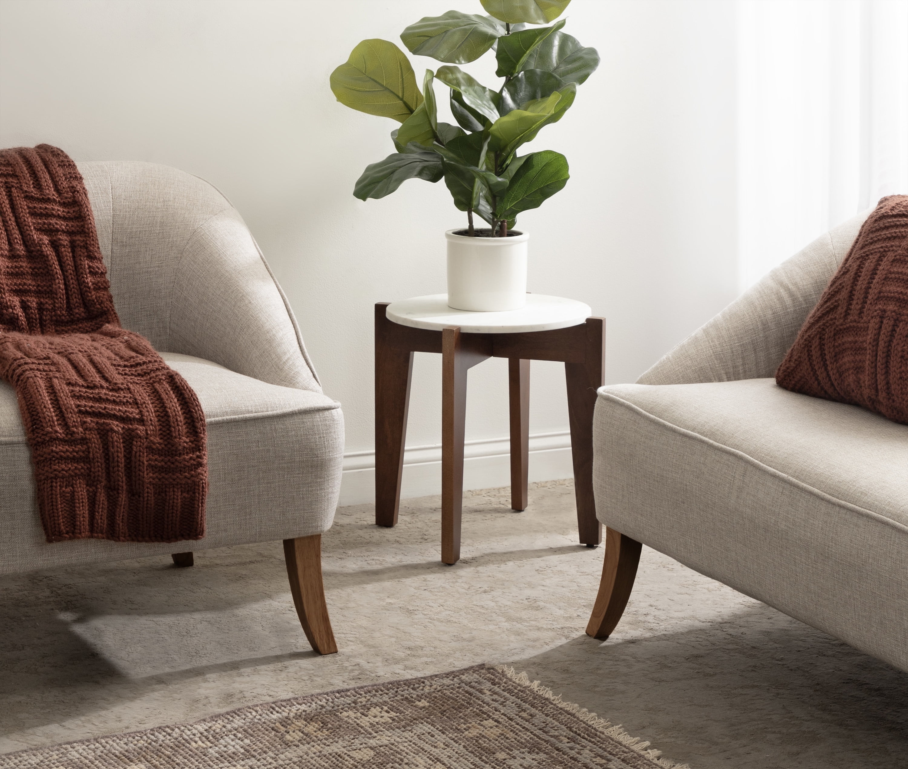 Walnut Brown Round Marble Side Table with Solid Wood Base
