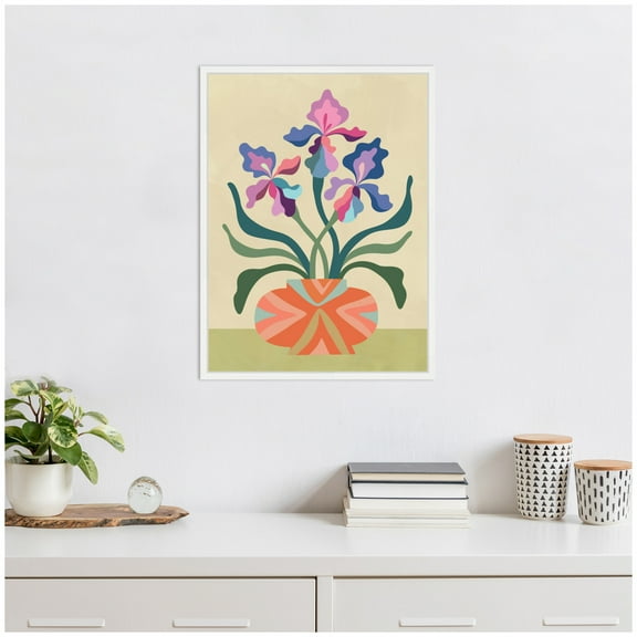 Kate and Laurel Iris and Vase Framed Canvas Wall Art by Rachel Lee 18 x 24 Sylvie White, Modern, Flowers, Abstract Art for Wall Decor, Living Room, Bedroom