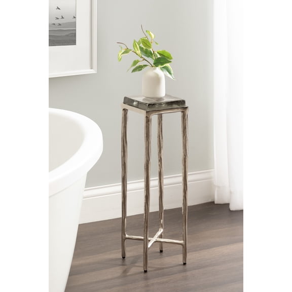 Kate and Laurel Julielle Modern Square Glass Drink Table, 7 x 7 x 22, Clear Glass and Silver, Natural Slump Glass Martini Table for Use as Small Plant Stand or Living Room Accent
