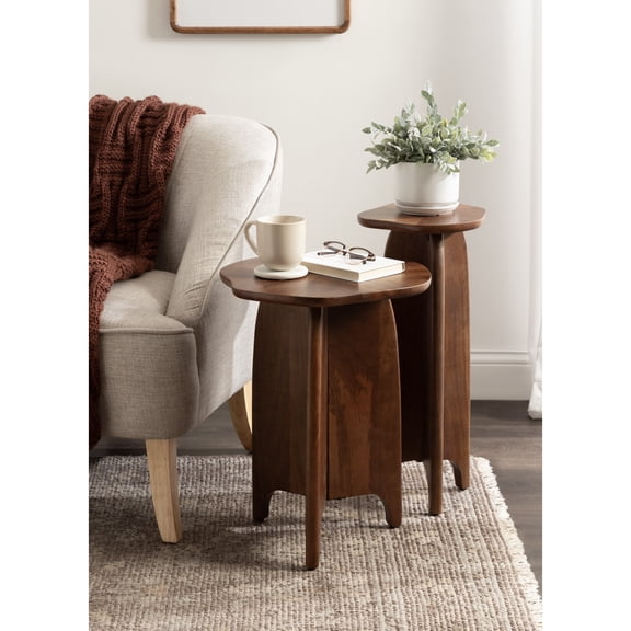 Kate and Laurel Kanna Modern Wavy Pieced Mango Wood Round Table Set, 2 Piece Set, Walnut Brown, Scalloped Drink and End Tables for Bedroom Nightstand Set or Indoor Plant Stands