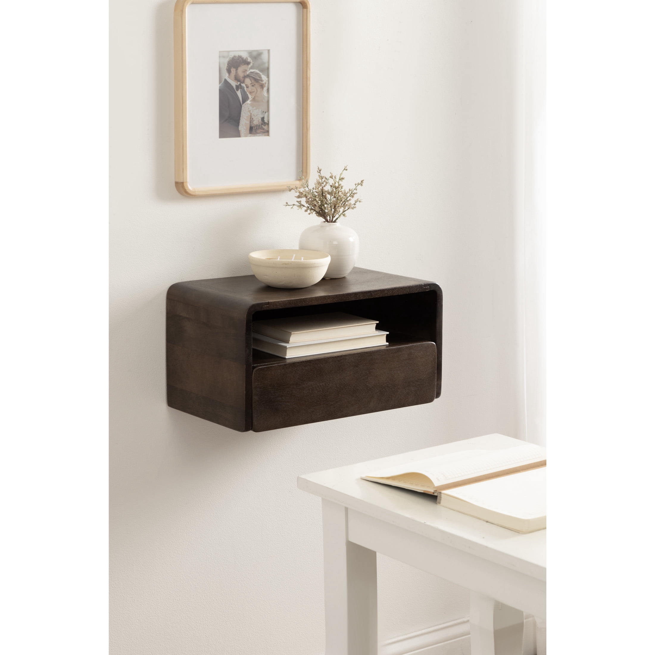Kate and Laurel Kato Modern Mango Wood Floating Side Table with Drawer, 18 x 10 x 9, Dark Brown, Contemporary Wooden Floating Nightstand for Bedroom Bedside Table or Living Room Wall Storage