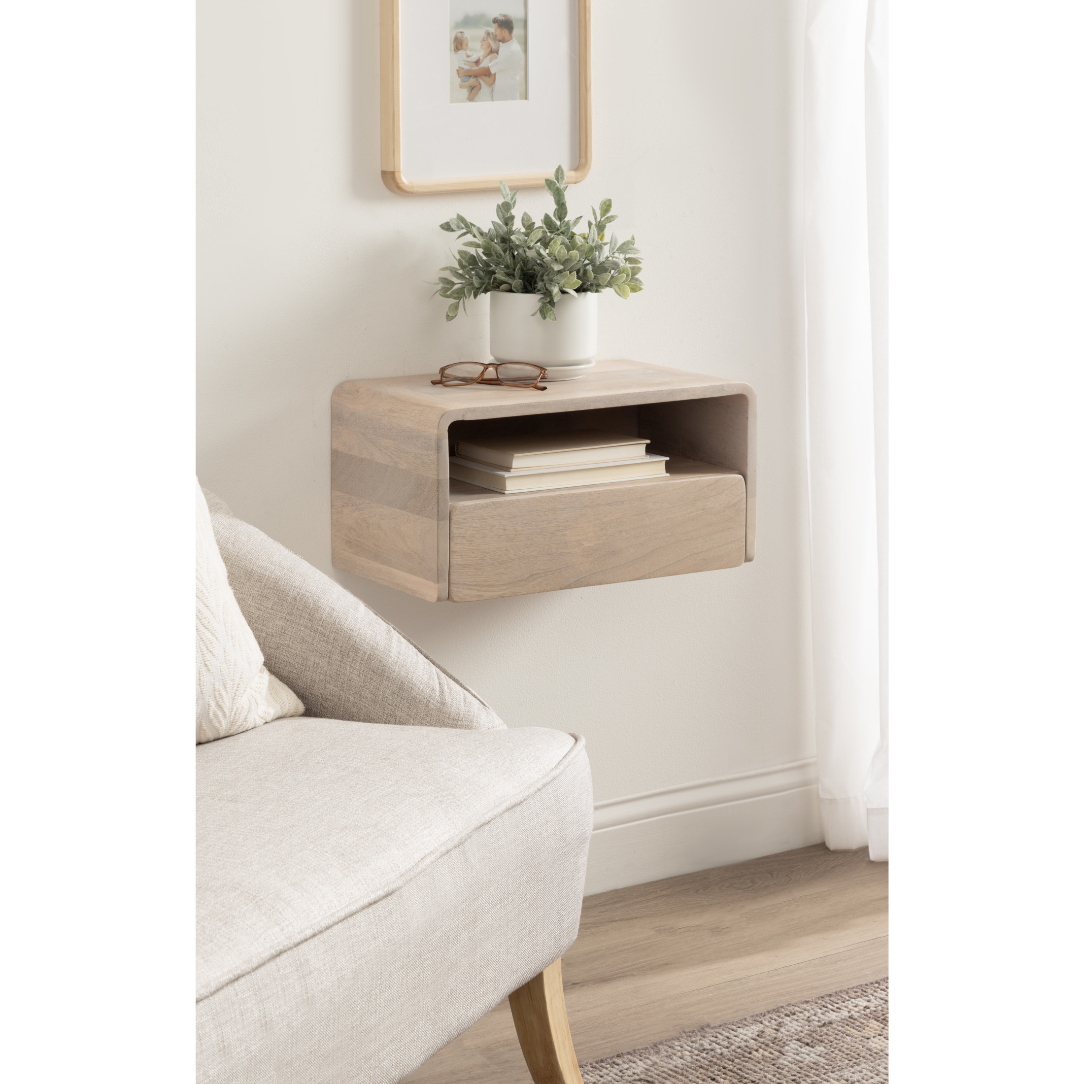 Kate and Laurel Kato Modern Mango Wood Floating Side Table with Drawer, 18 x 10 x 9, Whitewash, Contemporary Wooden Floating Nightstand for Bedroom Bedside Table or Living Room Wall Storage