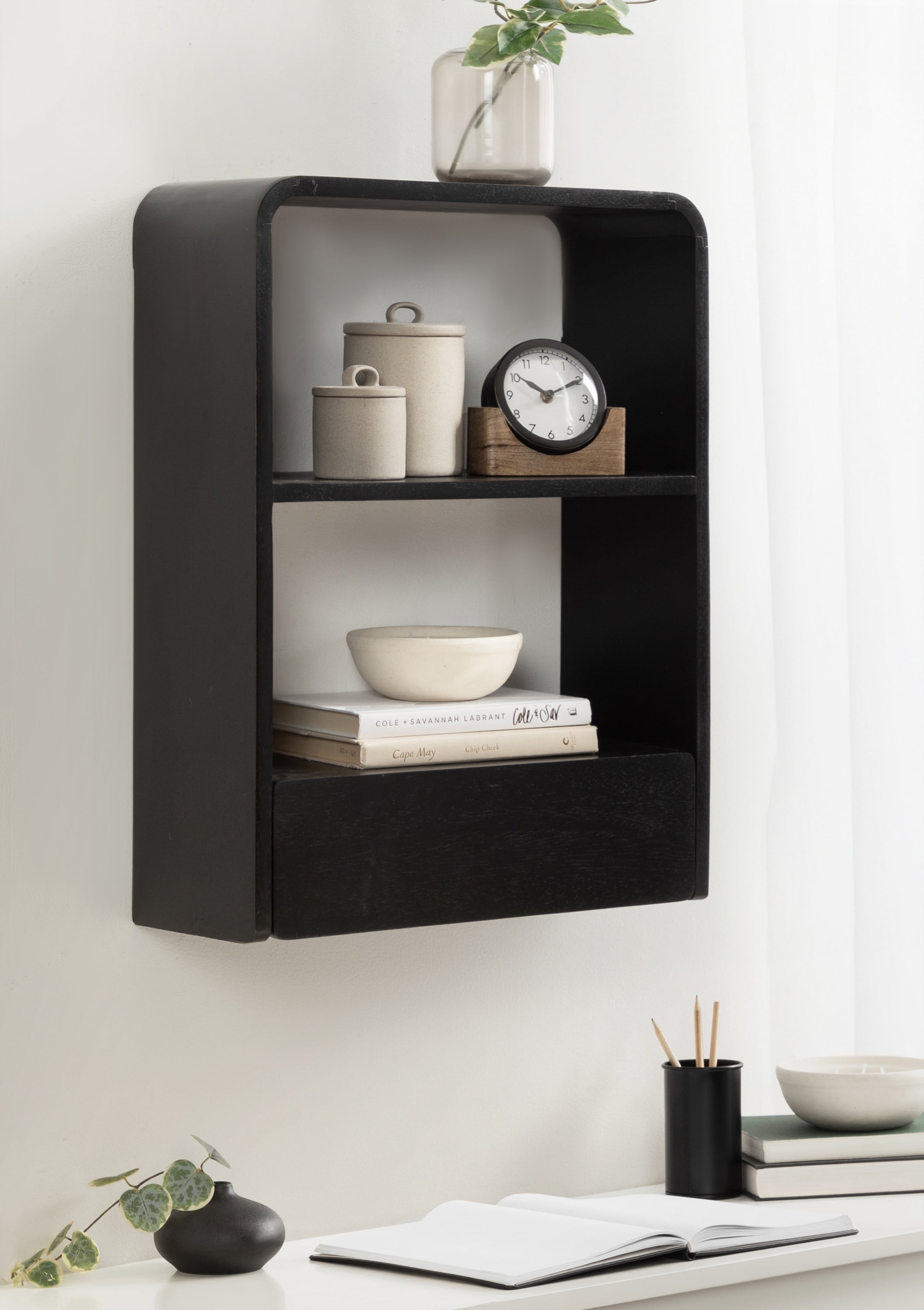 Black Mango Wood Floating Wall Shelf with Drawer, 18" x 24"
