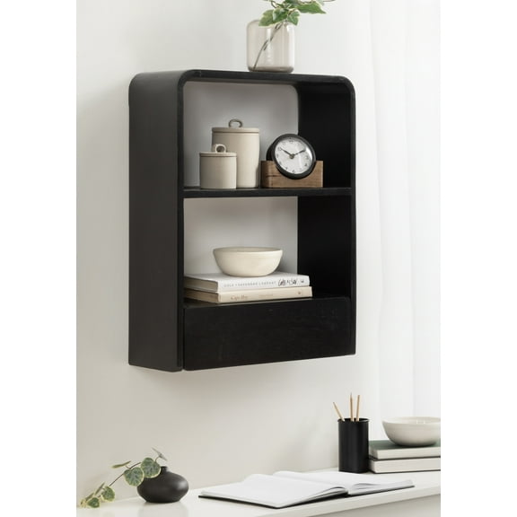 Kate and Laurel Kato Modern Wall Shelf with Drawer, 18 x 24, Black, Decorative Over the Toilet Shelf for Use as Bathroom Storage or Living Room Display Shelf
