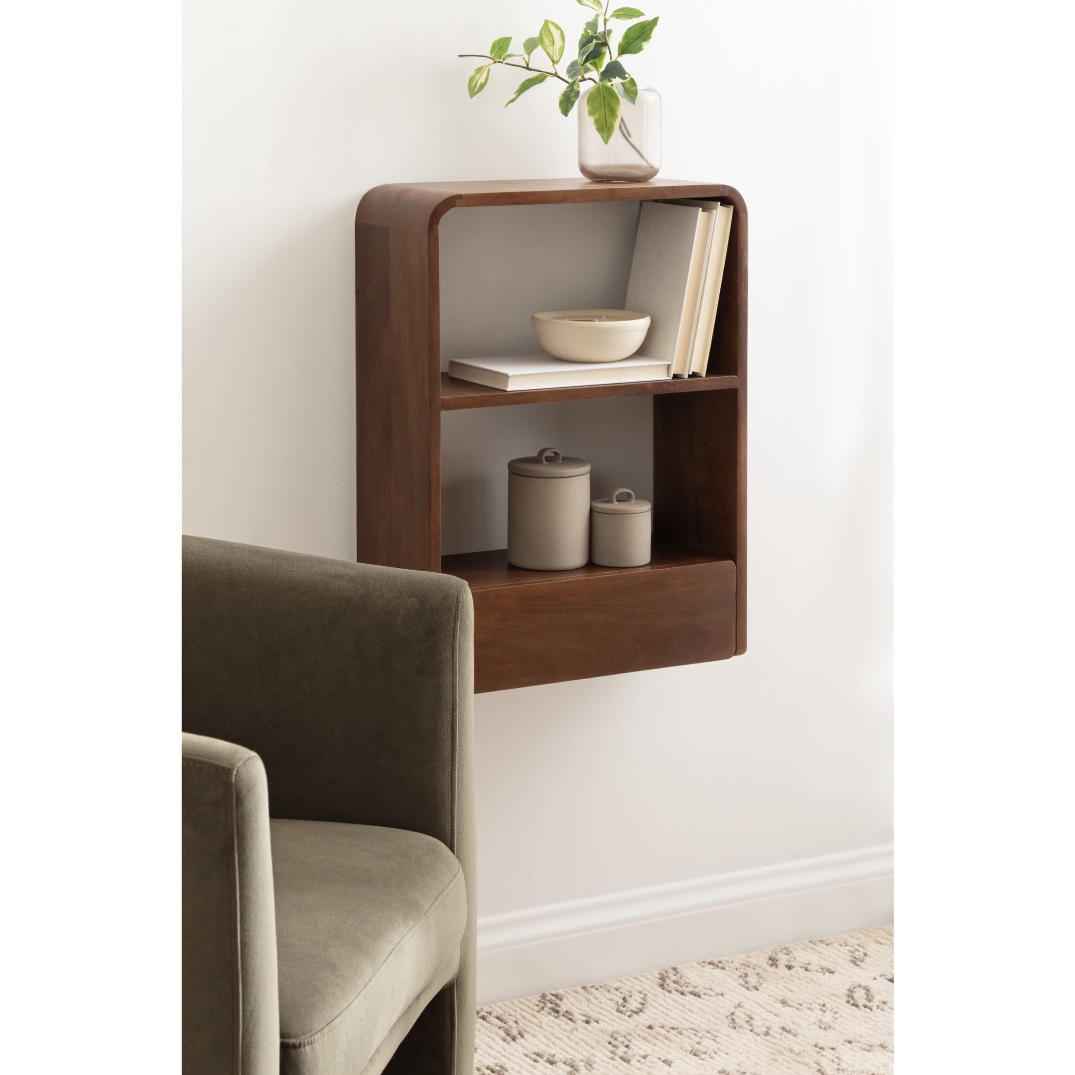 Walnut Brown Mango Wood Floating Wall Shelf with Drawer