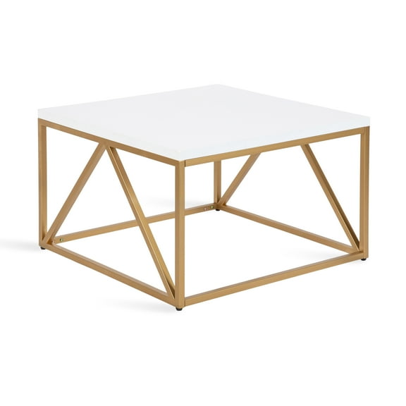 Kate and Laurel Kaya Modern Glam Coffee Table, 28 x 28 x 18, White and Painted Gold, Square Two-Tone Living Room Table with Geometric Metal Base and Mixed Materials Design