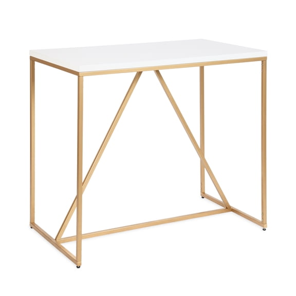 Kate and Laurel Kaya Modern Glam Pub Table, 42 x 24 x 36, White and Painted Gold, Rectangle Two-Tone Computer Desk Table with Geometric Metal Base and Mixed Materials Design