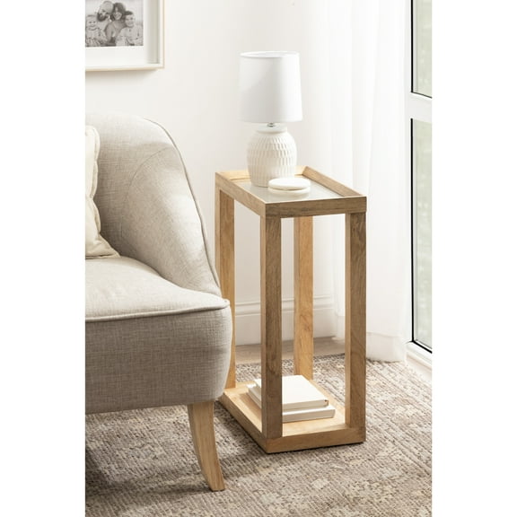 Kate and Laurel Keating Modern Rectangle Mango Wood End Table, 16 x 10 x 24, Clear Glass and Natural Wood, Decorative Contemporary Ribbed Glass Side Table for Bedroom Nightstand or Living Room Accent