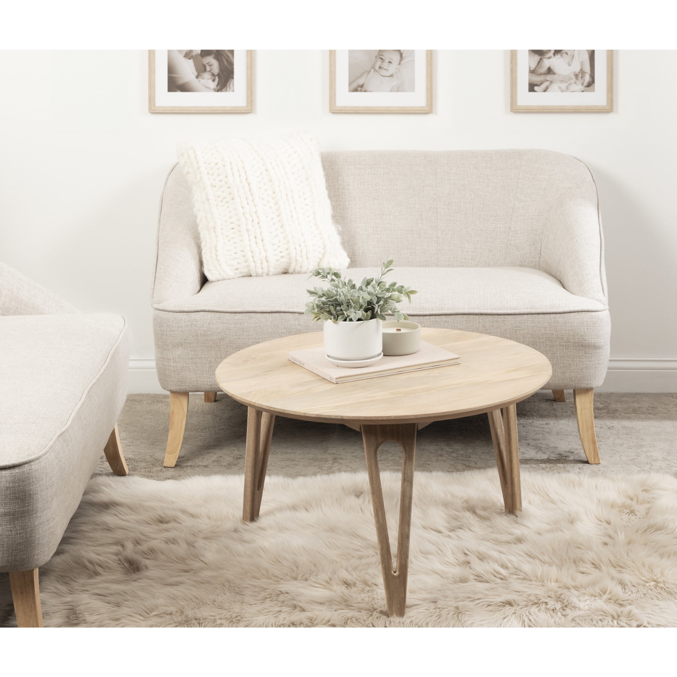 Natural Mango Wood Round Coffee Table with Hairpin Legs