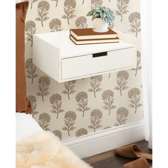 Kate and Laurel Kitt Modern Floating Shelf Side Table with Drawer, 18 x 12 x 7, White, Decorative Solid Wood Floating Table with Pull Out Drawer and Cubby for Space-Saving Dorm Decor
