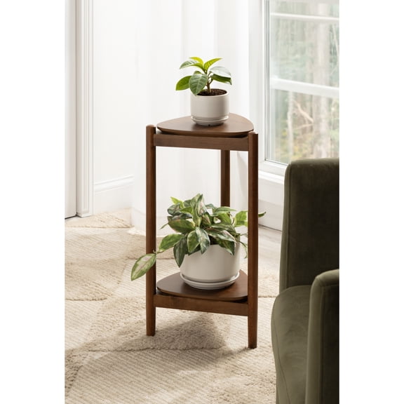 Kate and Laurel Knowlton Modern Tiered Triangle Side Table, 13 x 12 x 24, Walnut Brown, Transitional Two-Tier Triangular Living Room End Table with Storage for Use as Indoor Plant Stand