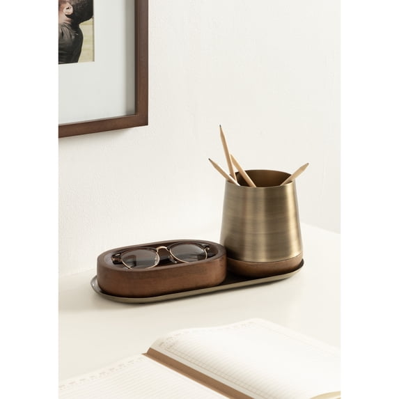 Kate and Laurel Koni Modern Three-Piece Tabletop Organization Set, 12 x 5 x 5, Walnut Brown and Antique Brass, Wood and Metal Organizational Set for Home Office or Entryway Decor