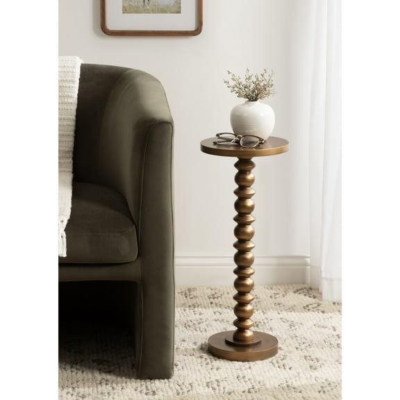 Kate and Laurel Konya Modern Wooden Round Drink Table, 10 x 10 x 23, Antique Gold, Totem-Inspired Accent Pedestal Table with Turned Base for Use as Indoor Plant Stand or Mini Nightstand Option
