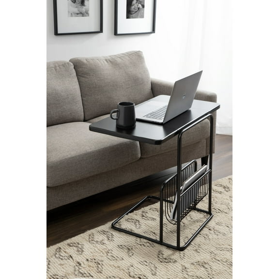 Kate and Laurel Kura Modern Elegant Expandable C-Table, 31 x 17 x 26, Black, Transitional Slim Expanding Top Living Room End Table with Bottom Wire Rack for Use as TV Tray Table with Storage