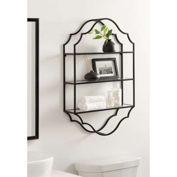 Kate and Laurel Leanna Glam Scalloped Three-Tiered Wall Shelf, 20 x 6 x 32, Black, Decorative Floating Shelf Storage and Wall Organizer for Bathroom Over Toilet Storage or Display