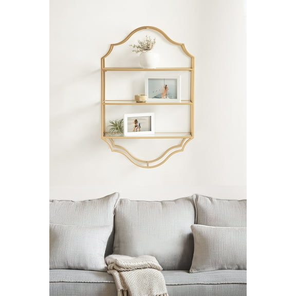 Kate and Laurel Leanna Scalloped Three-Tiered Wall Shelf, 20 x 32, Gold, Decorative Floating Shelf Storage and Wall Organizer for Bathroom Over Toilet Storage or Display