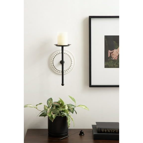 Kate and Laurel Letta Traditional Beaded Wall Sconce, 8 x 6 x 12, White and Black, Two-Tone Modern Coastal Wood and Metal Candle Holder for Flameless Candles