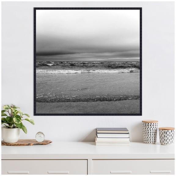 Kate and Laurel Life Is A Beach Framed Canvas Wall Art  by Stephanie Klatt 30 x 30 Sylvie Beaded Black, Black & White, Beach, Nature, Landscapes Art for Wall Decor, Living Room Bedroom